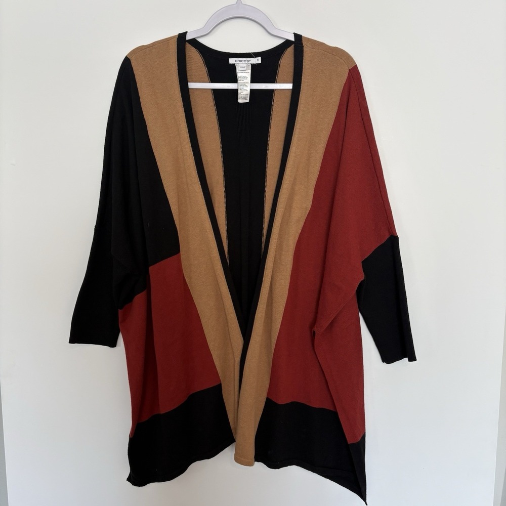 Chicos Colorblock Cardigan 3/4 Sleeve Size S/M Modern Geometric Casual‎ Chic